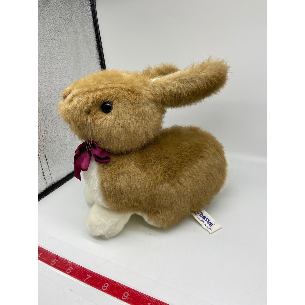 Chosun Plush Realistic Bunny Brown White Vintage 1987 Satin Bow Whiskers 10 Inch